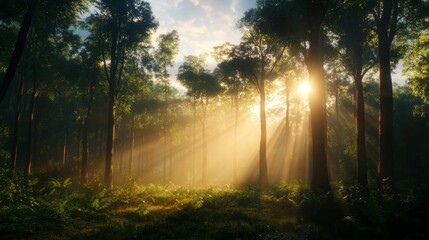 Obraz premium Sunbeams Through Foggy Forest Trees