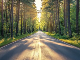A freshly paved asphalt highway cutting through a dense forest, with tall trees lining both sides of the road and sunlight filtering through.