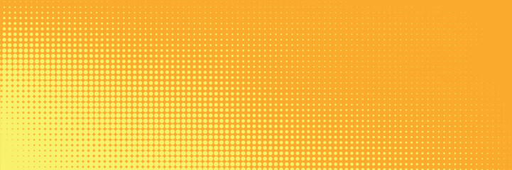 Yellow halftone pattern. Retro comic gradient background. Bright orange pixelated dotted texture overlay. Cartoon pop art faded gradient pattern.