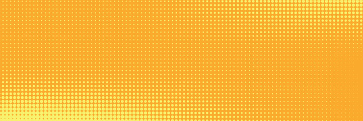 Yellow halftone pattern. Retro comic gradient background. Bright orange pixelated dotted texture overlay. Cartoon pop art faded gradient pattern.