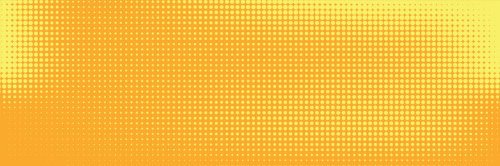 Yellow halftone pattern. Retro comic gradient background. Bright orange pixelated dotted texture overlay. Cartoon pop art faded gradient pattern.
