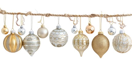 Christmas ornaments hanging from a string, gold and silver baubles with intricate details, cute cartoon style, isolated on white background