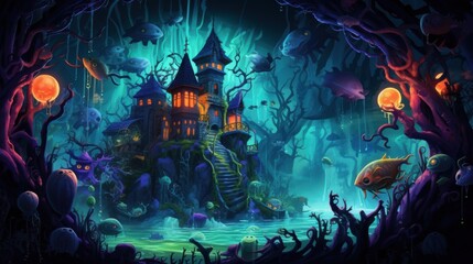 Fototapeta premium A Glowing Eerie Castle Surrounded by Strange Fish in a Bioluminescent Forest
