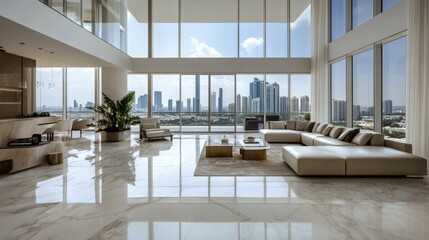 Fototapeta premium A luxury penthouse with polished marble floors, modern furniture, and panoramic city views from the floor-to-ceiling windows.