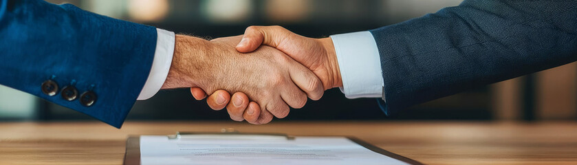 Two business executives finalizing a deal, shaking hands, signing documents, modern office environment, success-driven atmosphere