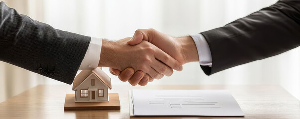 Two professionals sealing a home purchase deal with a handshake, contract and house model on a polished wooden table, home buying, real estate negotiation