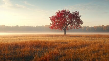 Fototapeta premium A misty autumn field in the early morning light, with a lone tree covered in red leaves standing in the middle, and golden grasses surrounding it.