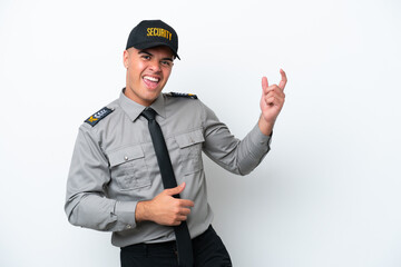 Young caucasian security man isolated on white background making guitar gesture