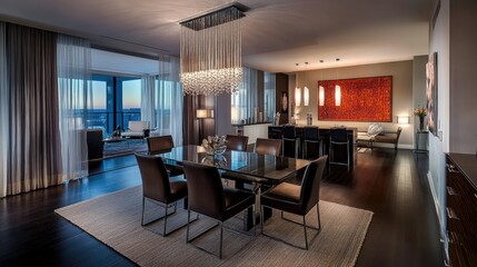 A modern dining room with dark walnut floors, contemporary furniture, and a minimalist chandelier hanging above a glass dining table.