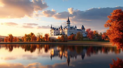 Obraz premium Majestic Castle Reflecting on Calm Autumn Lake at Sunset