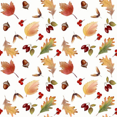 Watercolor seamless pattern. Autumn leaves, rose hips, acorns, berries. Pattern elements are hand-drawn, for paper, fabric, textile.