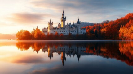 Fototapeta premium Majestic Castle Reflected in Autumn Lake at Sunset