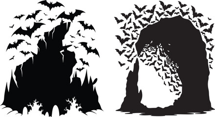  Silhouette of a bat colony swarming out of a cave