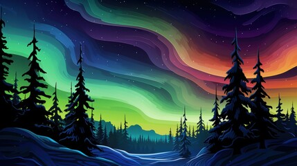Silhouetted Pine Trees Against a Vibrant Aurora Borealis Sky