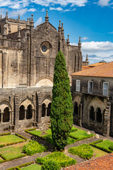 Fototapeta premium Interior courtyard of the cathedral of Santa Maria with a huge cypress tree in the center of the garden, Tui, Galicia.