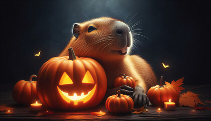cute friendly capybara playing with pumpkin