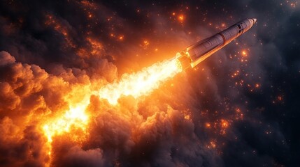 A rocket launching through clouds of fire and smoke into space.