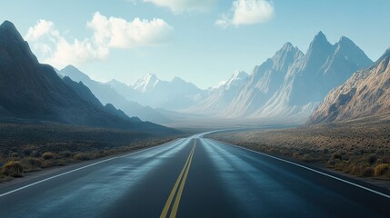 A quiet highway cutting through a vast mountain range, with smooth asphalt winding between towering peaks and valleys.