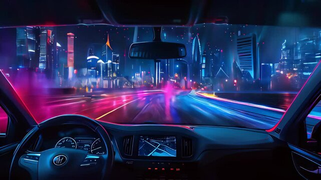 Futuristic Night Drive Through a Neon-Lit City from a Driver's Perspective