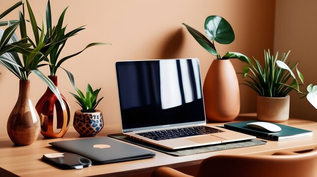 A beautifully arranged desk with a laptop, complemented by decorative elements such as framed inspirational quotes, indoor plants, and unique stationery.