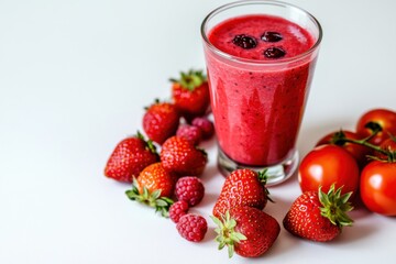 A colorful arrangement of red fruits and a refreshing smoothie on a white background