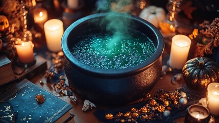 Witch's cauldron with potions. Halloween concept 