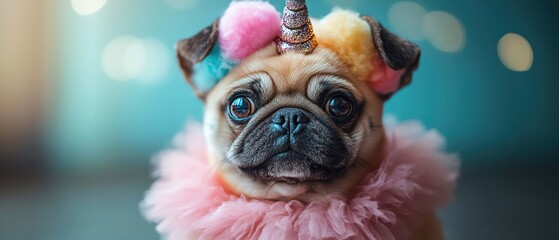 A pug dressed as a unicorn with a sparkly tutu, pastel colors against a teal backdrop