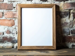 A simple, blank wooden picture frame leaning against a brick wall on a rustic wooden table, ready for customization.