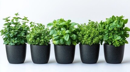 Five pots of fresh herbs arranged in a row.