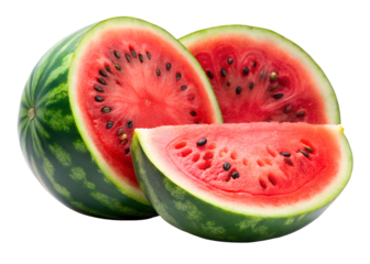  a halved watermelon showing red flesh and seeds isolated on transparent background