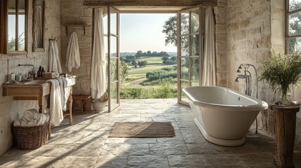 A rustic French farmhouse bathroom, with stone floors, a freestanding bathtub, and large windows framing views of the countryside