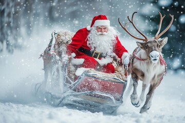 a santa claus with a beard and red costume rides on a sleigh in the snow with reindeer