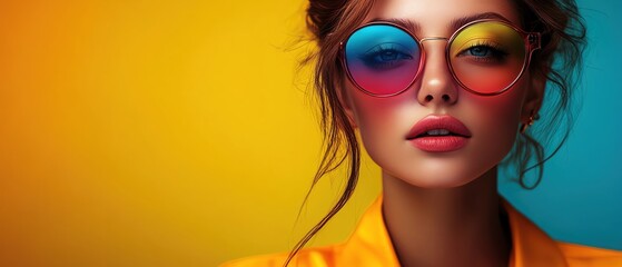 Fototapeta premium Fashion icon in bold rainbowcolored outfit, vibrant gradient background, pop art meets high fashion