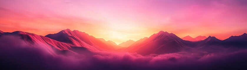 Obraz premium A breathtaking sunrise casts vibrant colors over majestic mountains, enveloped in soft clouds, creating a serene and picturesque landscape.