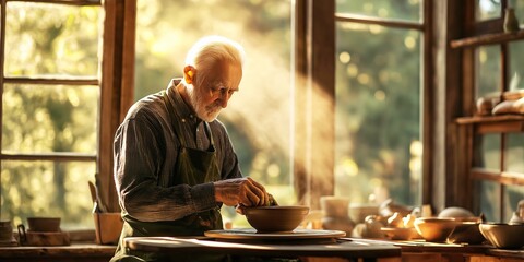 An elderly man skillfully works with clay on a potter's wheel, sunlight pouring through large windows, creating a peaceful and warm atmosphere, selective focus, copy space

