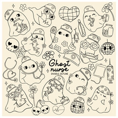 Cute Halloween Ghost Nurse doodle outline Clipart set Medical tools Cartoon Hand drawing collection