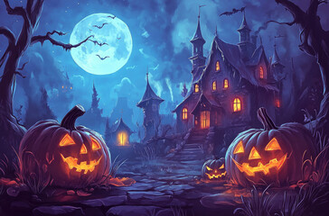 Fototapeta premium Halloween background with scary pumpkins, a haunted house, and spooky trees. Spooky night scene for Halloween design or wallpaper.