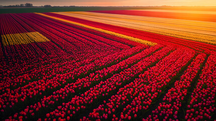 Colorful Tulips on the field of the Netherlands.Aerial view of bulb fields in springtime, located in Netherlands.