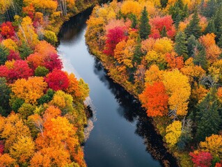 Obraz premium A winding river cutting through an autumn forest, with trees in shades of orange, red, and yellow reflecting off the water surface.
