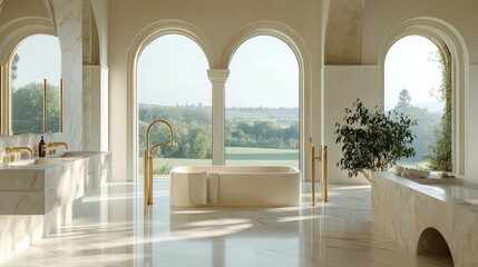 Fototapeta premium A sleek Italian villa bathroom, with marble floors, gold fixtures, and a large sunken bathtub framed by arched windows overlooking the countryside
