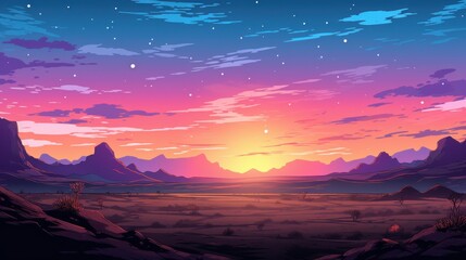 A Desert Landscape with a Sunset Sky and Stars