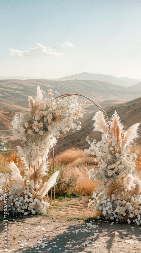 Poster a beautiful archway made of flowers and grass is set up in a field