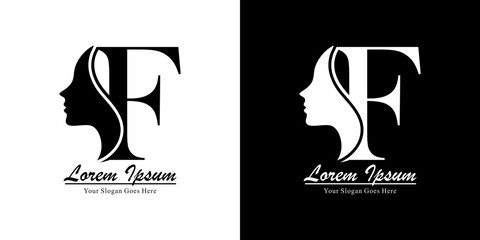 Logo design in the form of a silhouette of a woman's face combined with the letter F