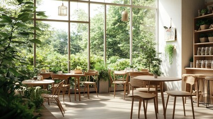 Fototapeta premium Nature-filled cafe with wooden furniture, white decor, and green plants. Glass windows provide a view of outdoor trees, creating a peaceful atmosphere.