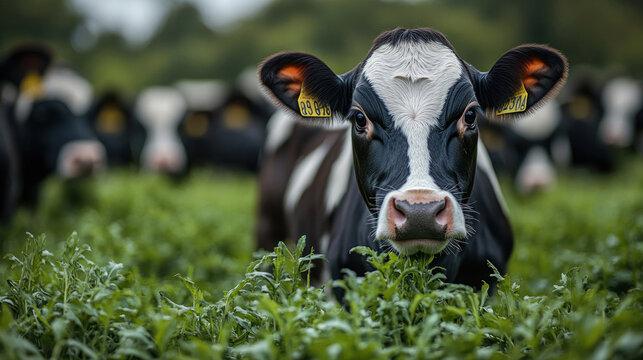 Dairy cows in a stable lineup feeding on fresh fodder, highlighting organized farm management and efficient livestock care