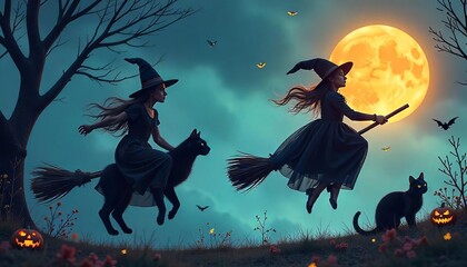 Fototapeta premium Halloween scene featuring a witch flying on her broom across a moonlit sky with bats, a black cat, and a spooky atmosphere, capturing the essence of October's eerie charm