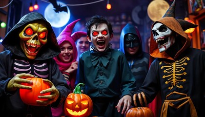  Spooky Halloween Jack O' Lantern with Masked Horror Faces and Dark Carnival Vibes