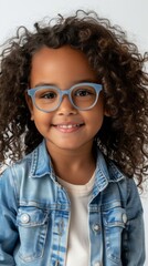 Naklejka premium A young girl wearing a blue jacket and glasses is smiling