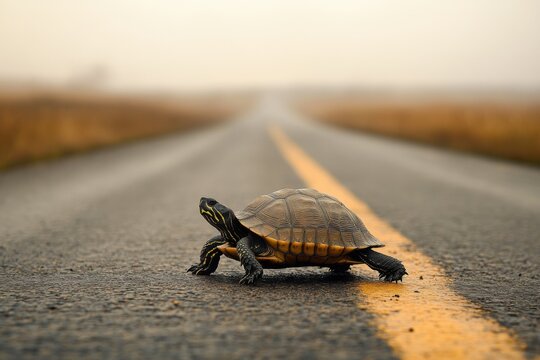A determined turtle crossing an empty rural road in the early morning mist
