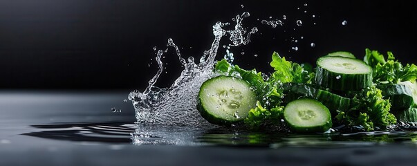 Fresh cucumber and greens splashing in water